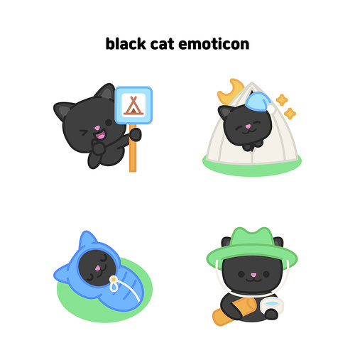 야영을 하는 검정 고양이 이모티콘