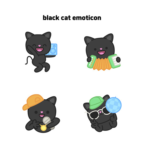 음악 파티를 즐기는 검정 고양이 이모티콘
