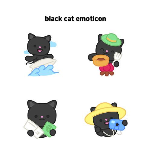 여행을 즐기는 검정 고양이 이모티콘