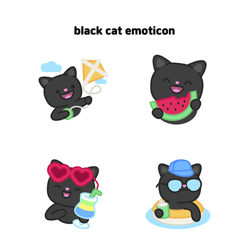 휴가를 즐기는 검정 고양이 이모티콘