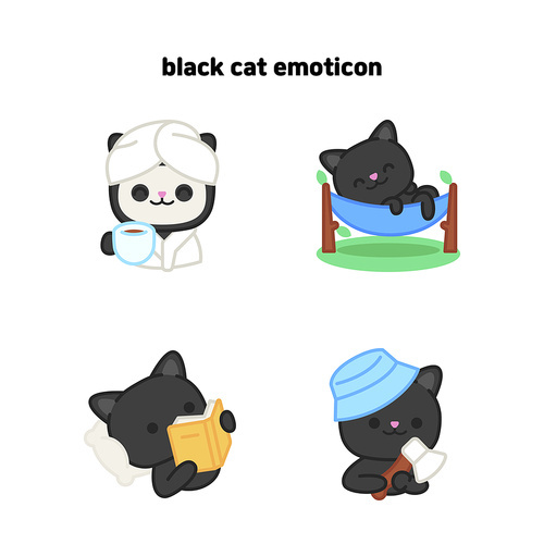 휴식을 즐기는 검정 고양이 이모티콘