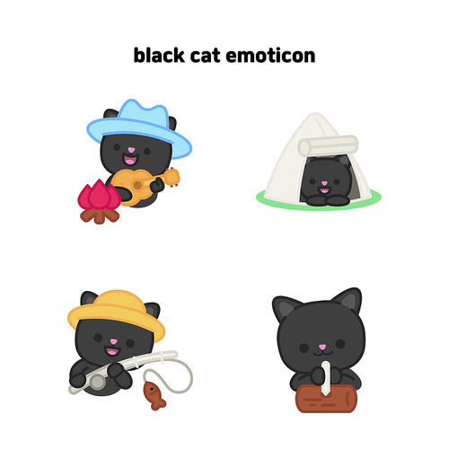 캠핑을 즐기는 검정 고양이 이모티콘