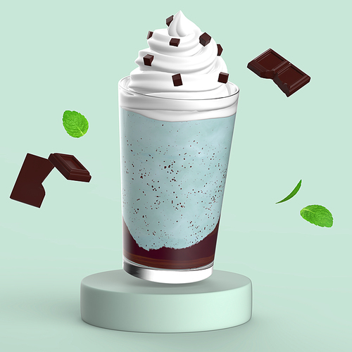 민트와 초콜릿이 함께 있는 휘핑이 올라간 민트 프라푸치노 3D 이미지