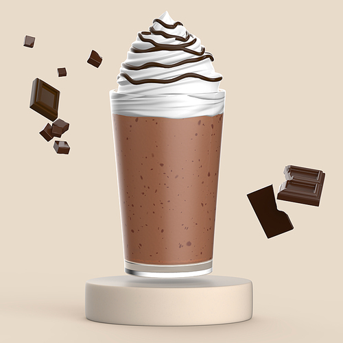 초콜릿과 함께 있는 휘핑이 올라간 초콜릿칩 프라푸치노 3D 이미지