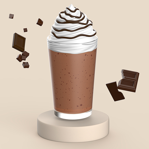 초콜릿과 함께 있는 휘핑이 올라간 초콜릿칩 프라푸치노 3D 이미지