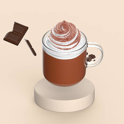 초콜릿과 함께 있는 휘핑이 올라간 따듯한 초콜릿 라떼 3D 이미지