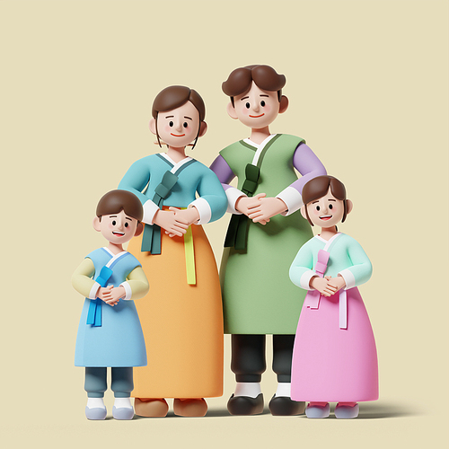 명절 인사_서있는 4인가족 3d 그래픽 이미지