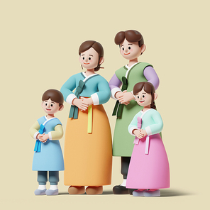 명절 인사_서있는 4인가족 3d 그래픽 이미지