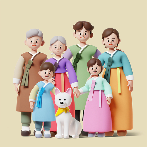명절 인사_서있는 6인가족과 반려견 3d 그래픽 이미지