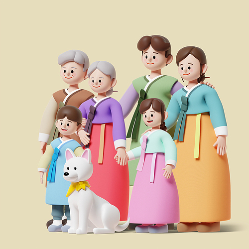 명절 인사_서있는 6인가족과 반려견 3d 그래픽 이미지