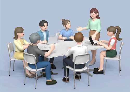 비즈니스 캐릭터_회의 테이블에서 회의나 발표하는 3d 그래픽 이미지