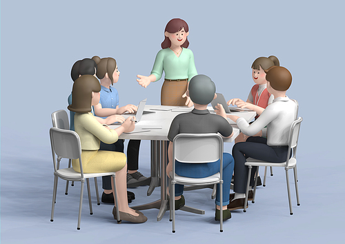 비즈니스 캐릭터_회의 테이블에서 회의나 발표하는 3d 그래픽 이미지