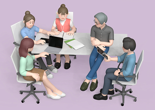 비즈니스 캐릭터_테이블에 앉아 프로젝트 논의 하는 사람들 3d 그래픽 이미지
