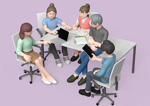 비즈니스 캐릭터_테이블에 앉아 프로젝트 논의 하는 사람들 3d 그래픽 이미지
