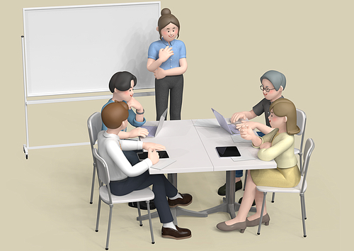 비즈니스 캐릭터_회의 테이블에서 회의하는 사람들 3d 그래픽 이미지