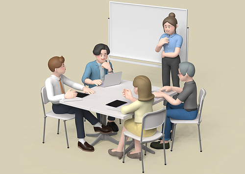 비즈니스 캐릭터_회의 테이블에서 회의하는 사람들 3d 그래픽 이미지