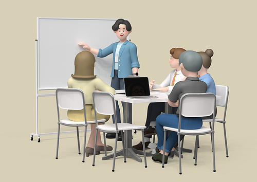 비즈니스 캐릭터_칠판을 보며 발표하는 남자와 회의 테이블에 앉아있는 사람들 3d 그래픽 이미지