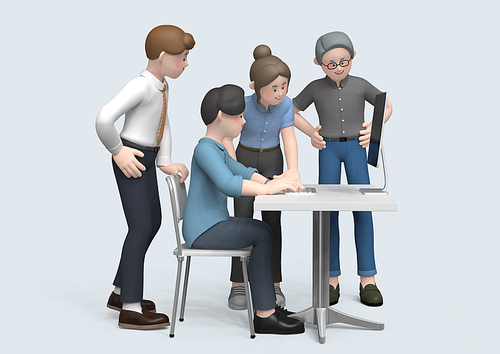 비즈니스 캐릭터_책상에 앉아서 컴퓨터 보며 논의하는 사람들 3d 그래픽 이미지
