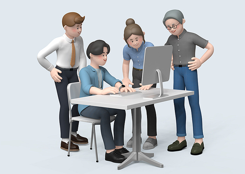 비즈니스 캐릭터_책상에 앉아서 컴퓨터 보며 논의하는 사람들 3d 그래픽 이미지