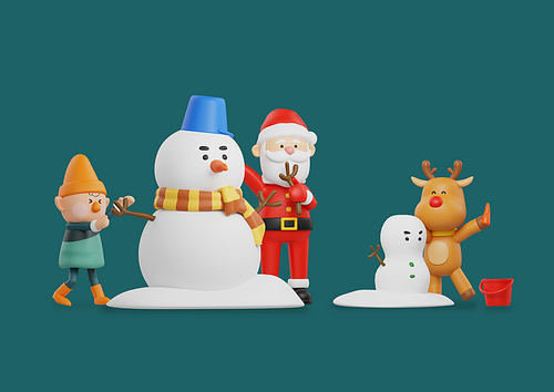깜짝 산타클로스_눈사람 만드는 산타와 요정 그리고 루돌프 3d 캐릭터 오브젝트 그래픽 이미지