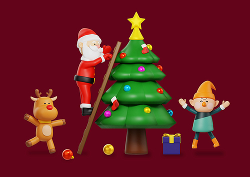 깜짝 산타클로스_크리스마스 트리 장식하는 3d 캐릭터 오브젝트 그래픽 이미지