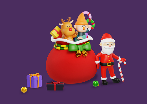 깜짝 산타클로스_선물보따리에 선물들과 3d 캐릭터 오브젝트 그래픽 이미지