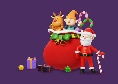 깜짝 산타클로스_선물보따리에 선물들과 3d 캐릭터 오브젝트 그래픽 이미지