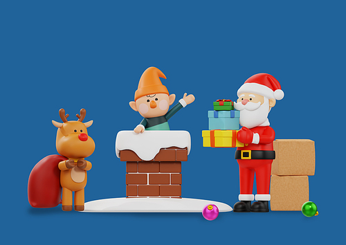 깜짝 산타클로스_굴뚝으로 선물배달하는 3d 캐릭터 오브젝트 그래픽 이미지
