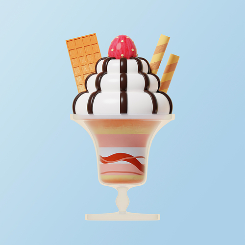 유리컵에 아이스크림과 초콜릿,와플,과자,딸기 토핑을 얹은 이미지다