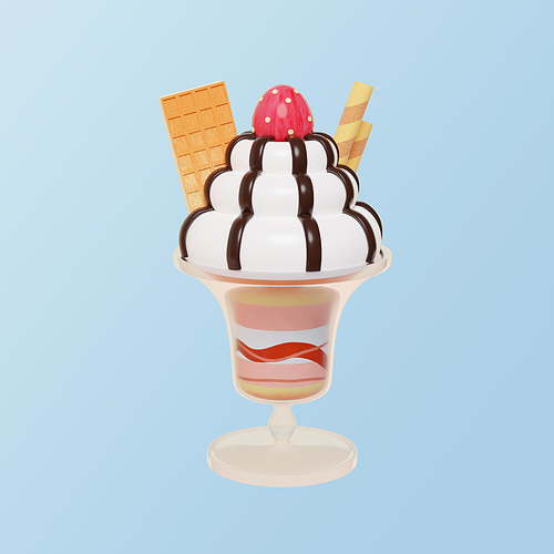 유리컵에 아이스크림과 초콜릿,와플,과자,딸기 토핑을 얹은 이미지다