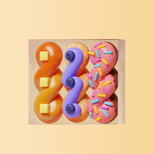 버터,초콜릿,스프링클이 얹어진 세개의 꽈배기 모양 도넛 이미지다