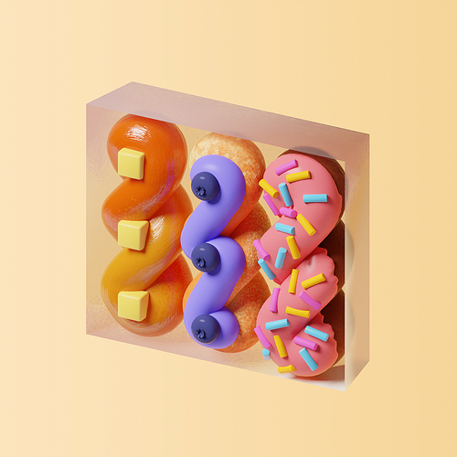 버터,초콜릿,스프링클이 얹어진 세개의 꽈배기 모양 도넛 이미지다