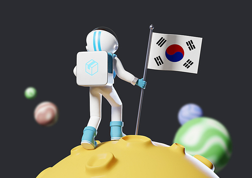 택배 오브젝트_우주배송 특급배송 빠른배송 한국 우주 태극기를 들고있는 3d 그래픽 이미지