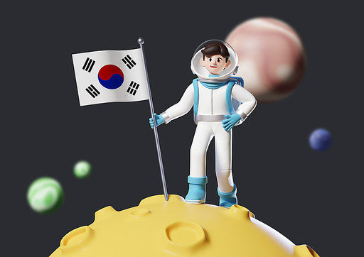 택배 오브젝트_우주배송 특급배송 빠른배송 한국 우주 태극기를 들고있는 3d 그래픽 이미지