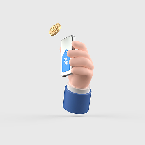 금융_할인쿠폰 들어있는 스마트폰 들고 있는 손 3d 오브젝트 아이콘