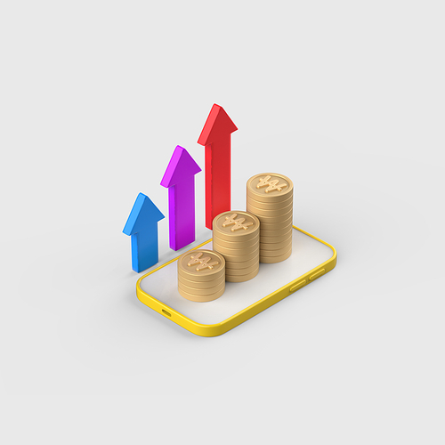 금융_그래프와 동전 스마트폰 3d 오브젝트 아이콘