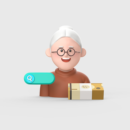 금융_노인과 보험찾기 돌려받기 지폐 3d 오브젝트 아이콘