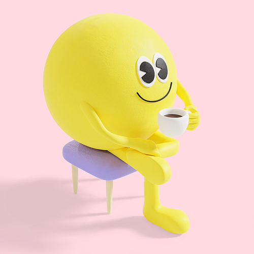 이모티콘_의자에 앉아 커피마시고 있는 3d 그래픽 캐릭터
