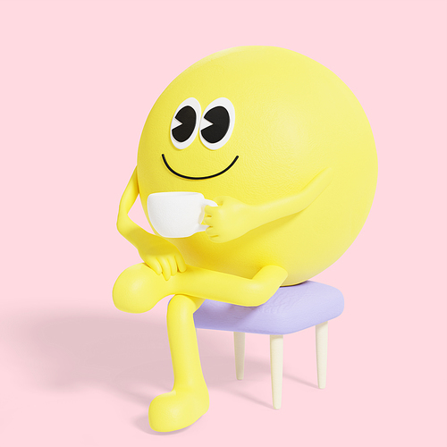 이모티콘_의자에 앉아 커피마시고 있는 3d 그래픽 캐릭터