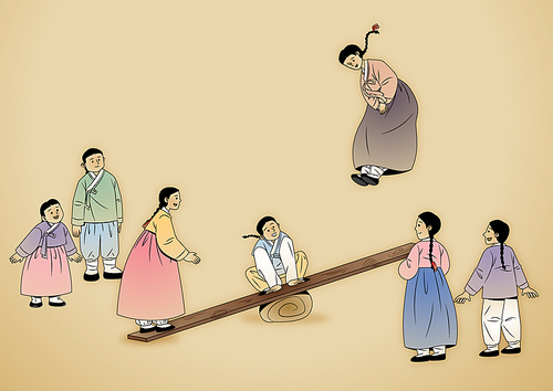 한국 전통놀이_한복을 입은 사람들이 널뛰기를 하는 벡터 일러스트