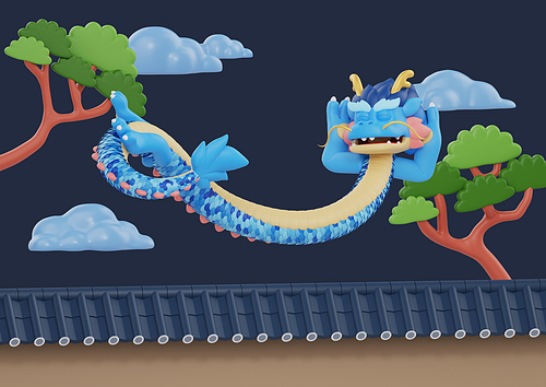 청룡 캐릭터_나무와 구름 사이 기와지붕 위에 떠있는 청룡 일러스트