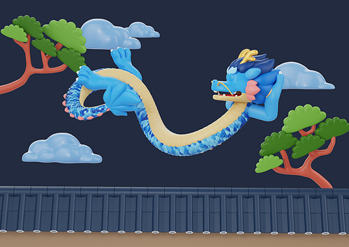 청룡 캐릭터_나무와 구름 사이 기와지붕 위에 떠있는 청룡 일러스트