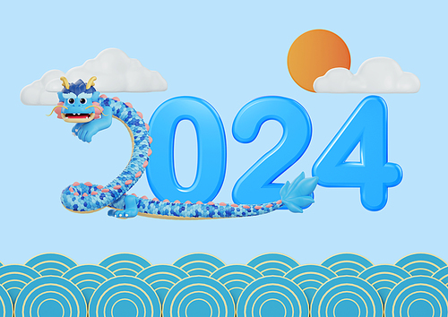 청룡 캐릭터_해와 구름 배경과 2024년의 2 모양을 하고있는 청룡 일러스트