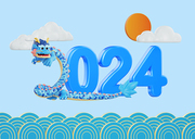 청룡 캐릭터_해와 구름 배경과 2024년의 2 모양을 하고있는 청룡 일러스트