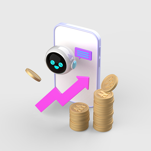 금융_핸드폰 인공지능 로봇과 상승 화살표와 쌓인 동전 3d 오브젝트 아이콘