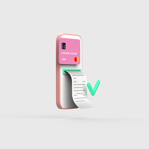 금융_카드와 명세서가 체크된 스마트폰 3d 오브젝트 아이콘