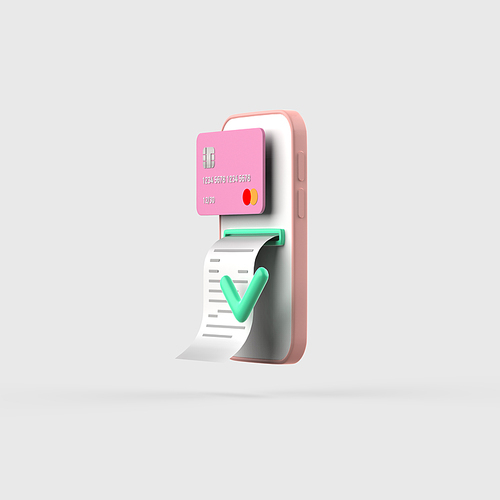 금융_카드와 명세서가 체크된 스마트폰 3d 오브젝트 아이콘