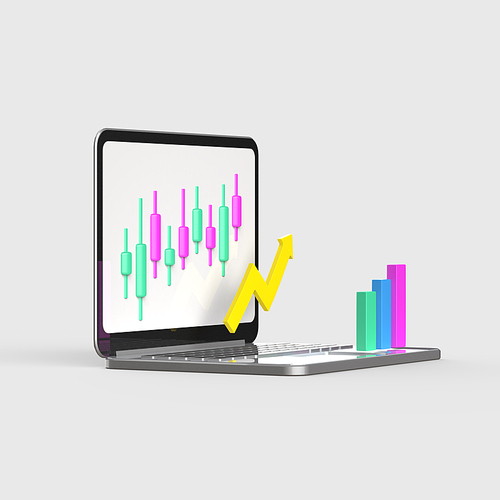 금융_주가가 상승하는 그래프가 있는 노트북 3d 오브젝트 아이콘