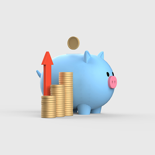 금융_증가 화살표와 쌓인 동전과 돼지저금통 3d 오브젝트 아이콘
