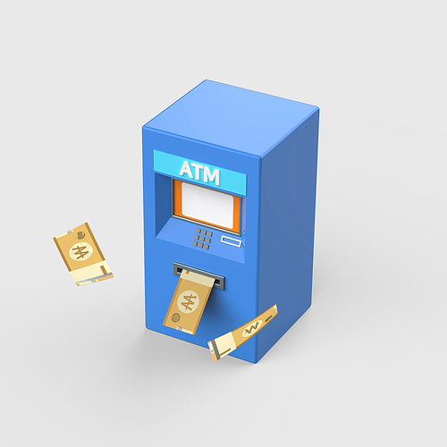 금융_지폐가 나오고 지폐가 날리는 ATM기계 3d 오브젝트 아이콘